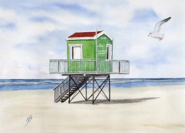 Poster DIN-A4  Aquarell Maritim Kunst Druck Kunstdruck Nordsee Insel Langeoog Badeturm grün Strand Meer